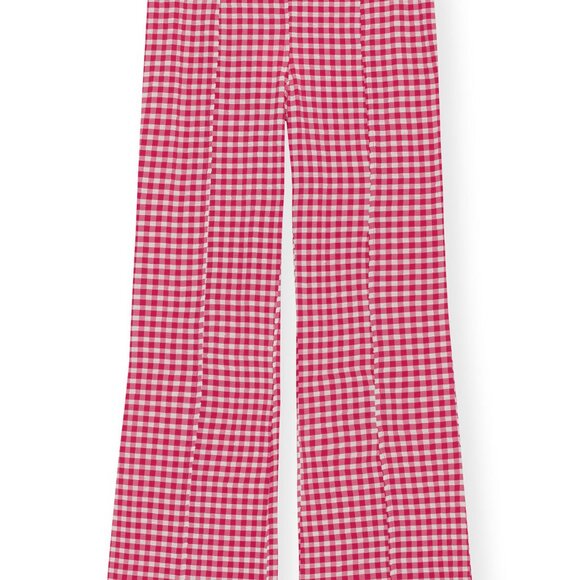 Ganni Pants - Ganni Stretch Seersucker Cropped Pink Gingham Pants
